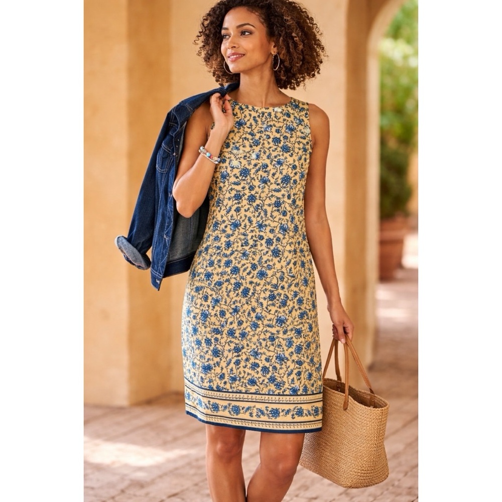 J.Jill Love Linen Yellow Floral Sleeveless Dress Size XS 100% Linen Shift Dress